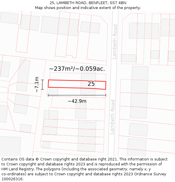 25, LAMBETH ROAD, BENFLEET, SS7 4BN: Plot and title map