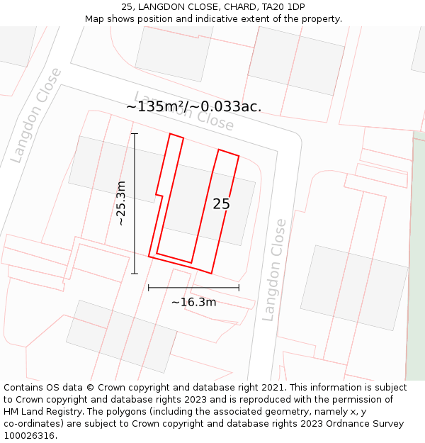 25, LANGDON CLOSE, CHARD, TA20 1DP: Plot and title map