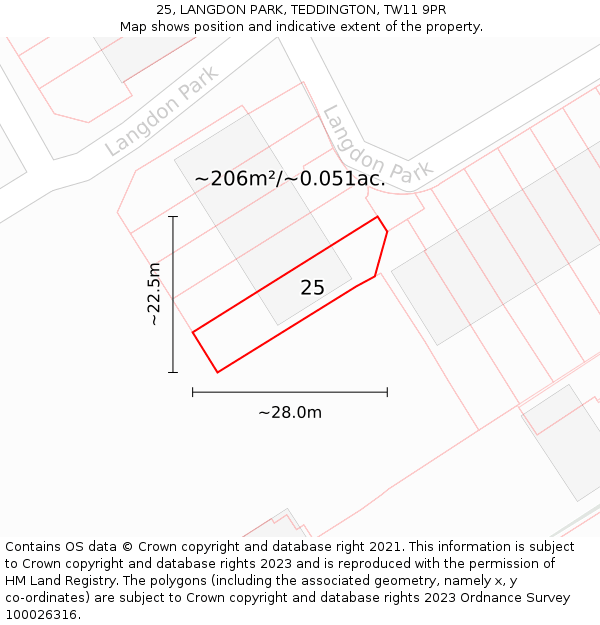 25, LANGDON PARK, TEDDINGTON, TW11 9PR: Plot and title map