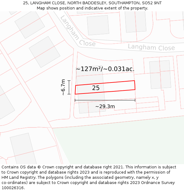 25, LANGHAM CLOSE, NORTH BADDESLEY, SOUTHAMPTON, SO52 9NT: Plot and title map