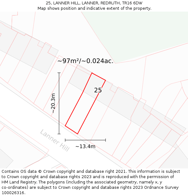 25, LANNER HILL, LANNER, REDRUTH, TR16 6DW: Plot and title map