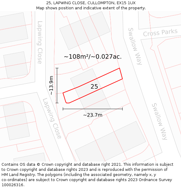 25, LAPWING CLOSE, CULLOMPTON, EX15 1UX: Plot and title map