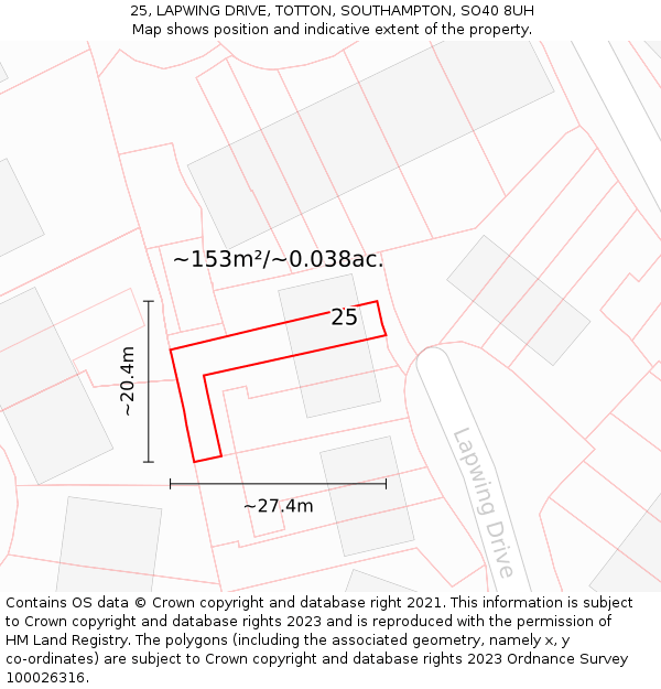 25, LAPWING DRIVE, TOTTON, SOUTHAMPTON, SO40 8UH: Plot and title map