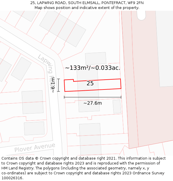 25, LAPWING ROAD, SOUTH ELMSALL, PONTEFRACT, WF9 2FN: Plot and title map
