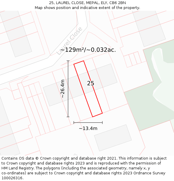 25, LAUREL CLOSE, MEPAL, ELY, CB6 2BN: Plot and title map