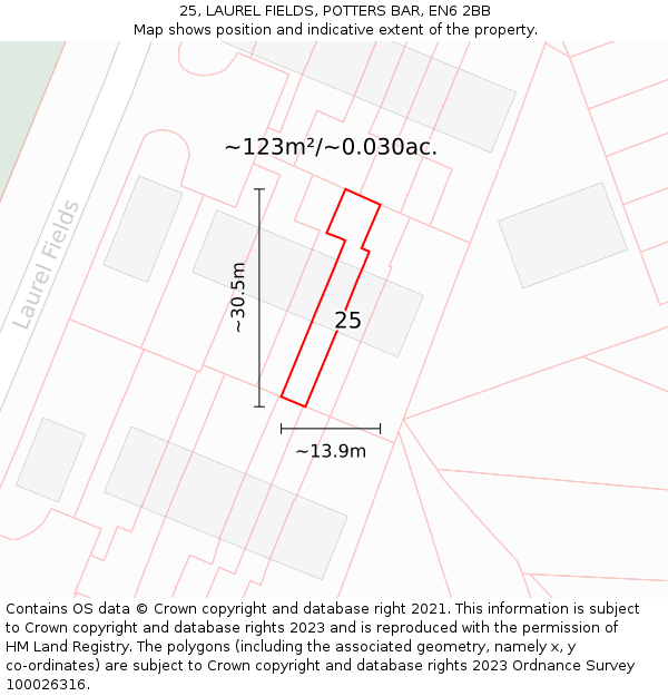 25, LAUREL FIELDS, POTTERS BAR, EN6 2BB: Plot and title map