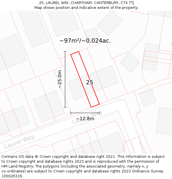 25, LAUREL WAY, CHARTHAM, CANTERBURY, CT4 7TJ: Plot and title map