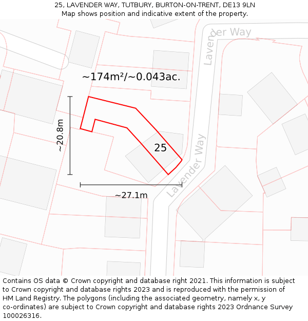 25, LAVENDER WAY, TUTBURY, BURTON-ON-TRENT, DE13 9LN: Plot and title map