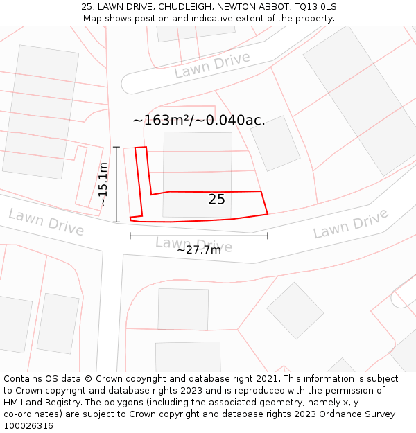 25, LAWN DRIVE, CHUDLEIGH, NEWTON ABBOT, TQ13 0LS: Plot and title map