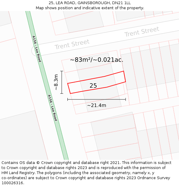 25, LEA ROAD, GAINSBOROUGH, DN21 1LL: Plot and title map