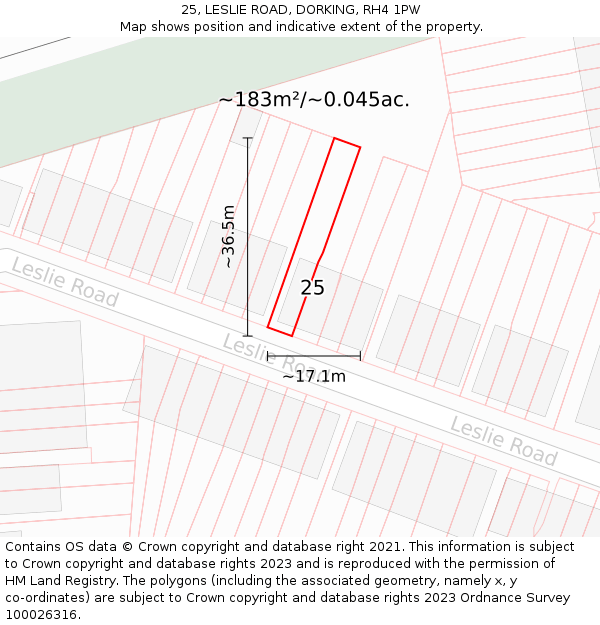 25, LESLIE ROAD, DORKING, RH4 1PW: Plot and title map