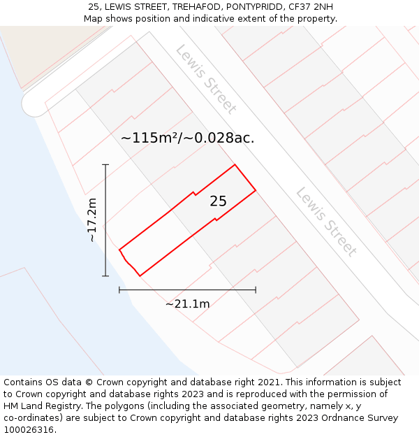 25, LEWIS STREET, TREHAFOD, PONTYPRIDD, CF37 2NH: Plot and title map