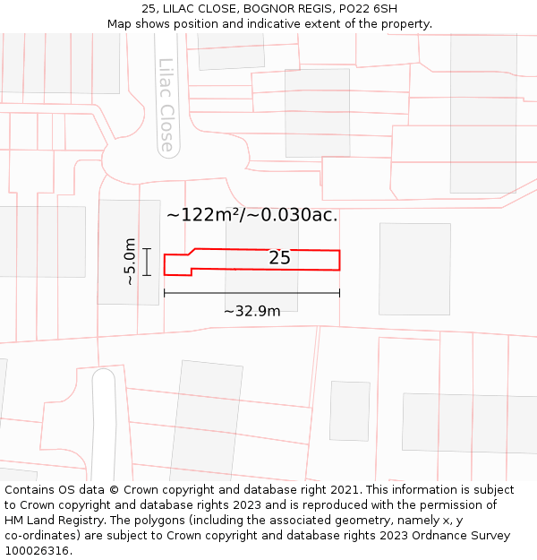 25, LILAC CLOSE, BOGNOR REGIS, PO22 6SH: Plot and title map