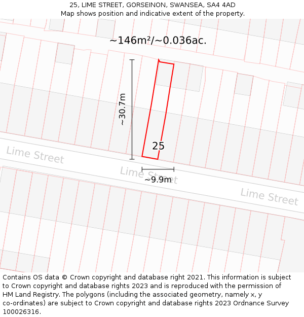25, LIME STREET, GORSEINON, SWANSEA, SA4 4AD: Plot and title map