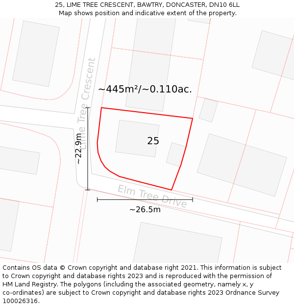 25, LIME TREE CRESCENT, BAWTRY, DONCASTER, DN10 6LL: Plot and title map