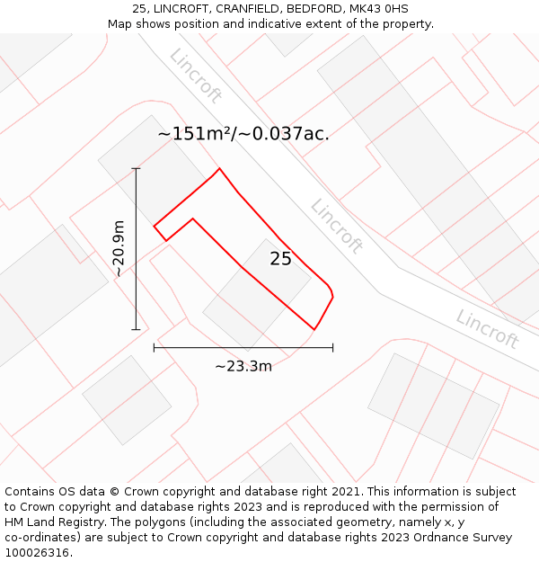 25, LINCROFT, CRANFIELD, BEDFORD, MK43 0HS: Plot and title map
