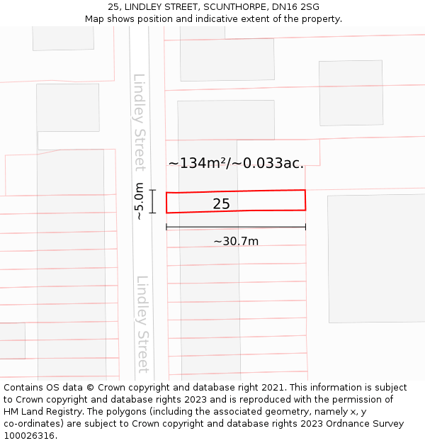 25, LINDLEY STREET, SCUNTHORPE, DN16 2SG: Plot and title map