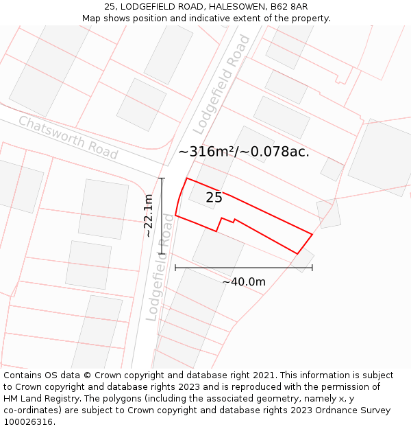 25, LODGEFIELD ROAD, HALESOWEN, B62 8AR: Plot and title map