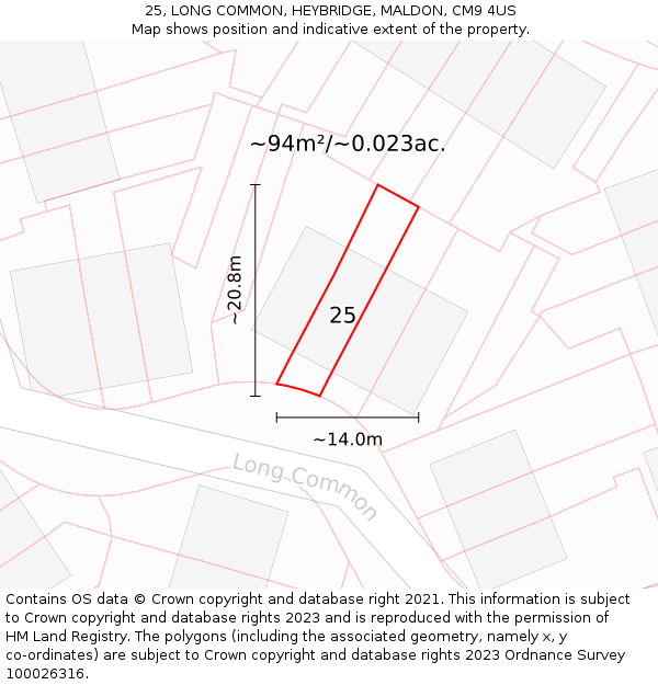 25, LONG COMMON, HEYBRIDGE, MALDON, CM9 4US: Plot and title map