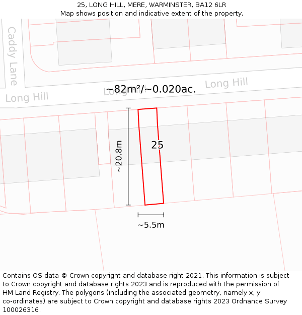 25, LONG HILL, MERE, WARMINSTER, BA12 6LR: Plot and title map