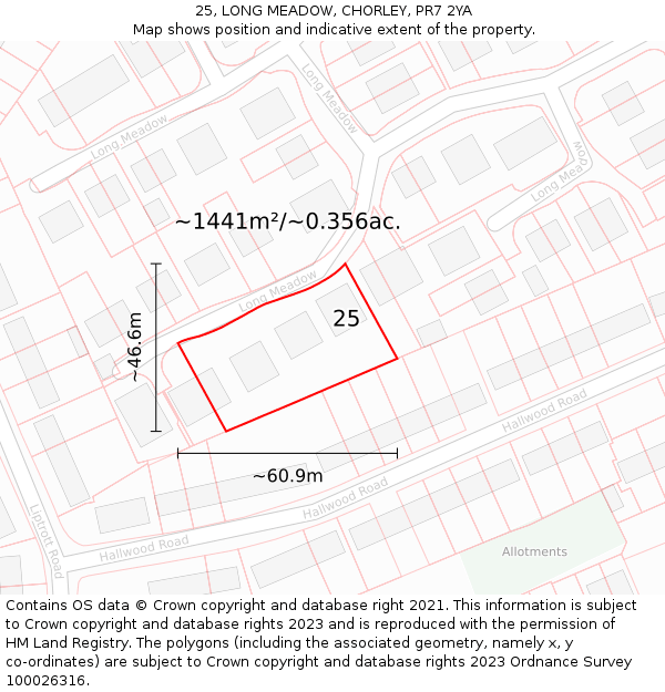 25, LONG MEADOW, CHORLEY, PR7 2YA: Plot and title map