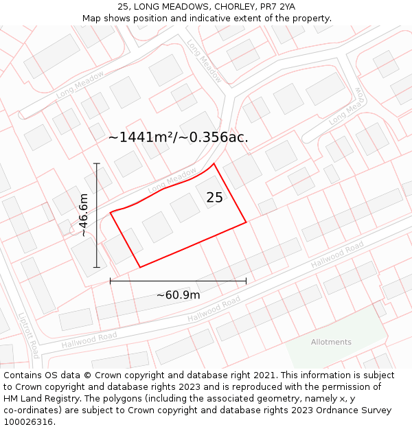 25, LONG MEADOWS, CHORLEY, PR7 2YA: Plot and title map