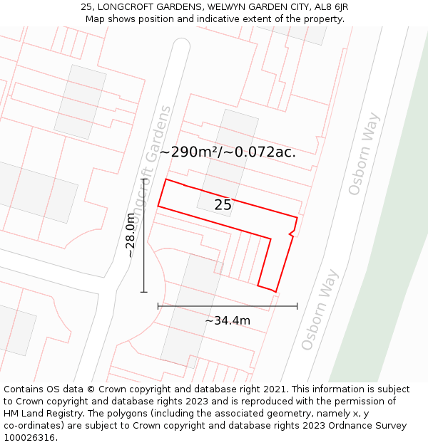 25, LONGCROFT GARDENS, WELWYN GARDEN CITY, AL8 6JR: Plot and title map