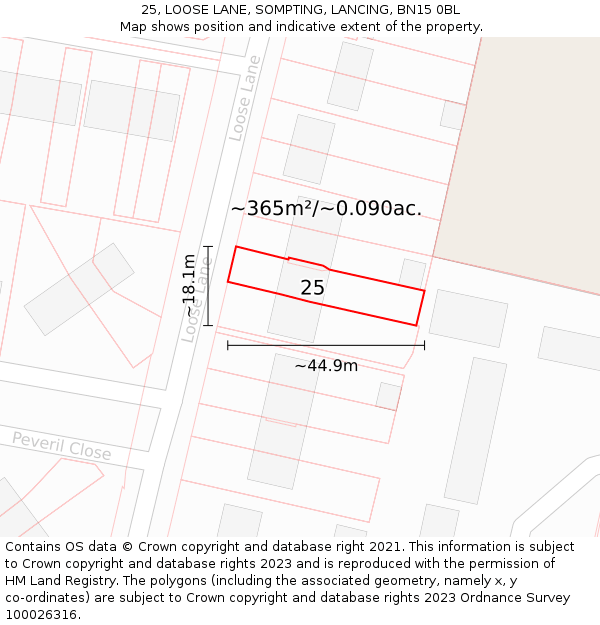 25, LOOSE LANE, SOMPTING, LANCING, BN15 0BL: Plot and title map