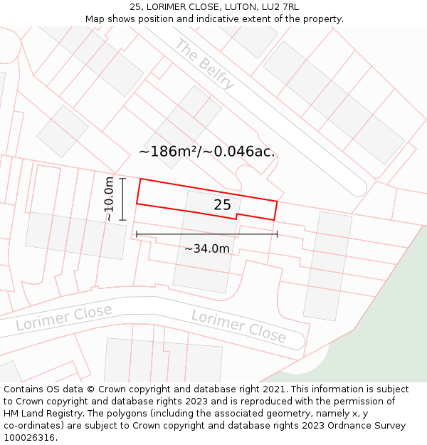 25, LORIMER CLOSE, LUTON, LU2 7RL: Plot and title map