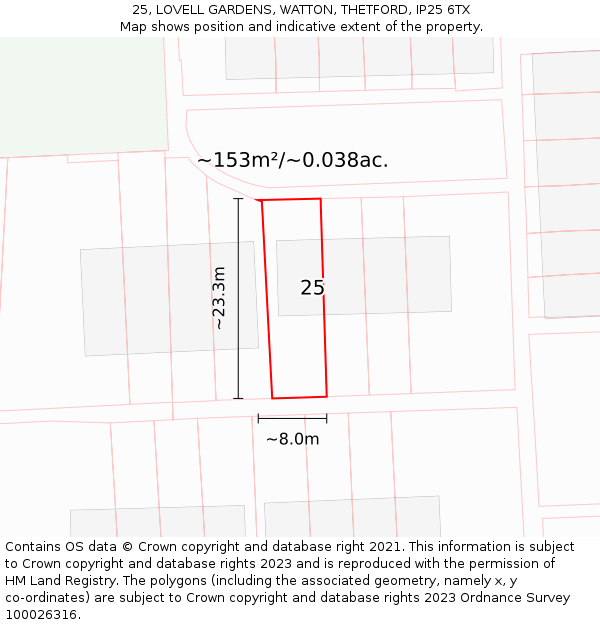 25, LOVELL GARDENS, WATTON, THETFORD, IP25 6TX: Plot and title map
