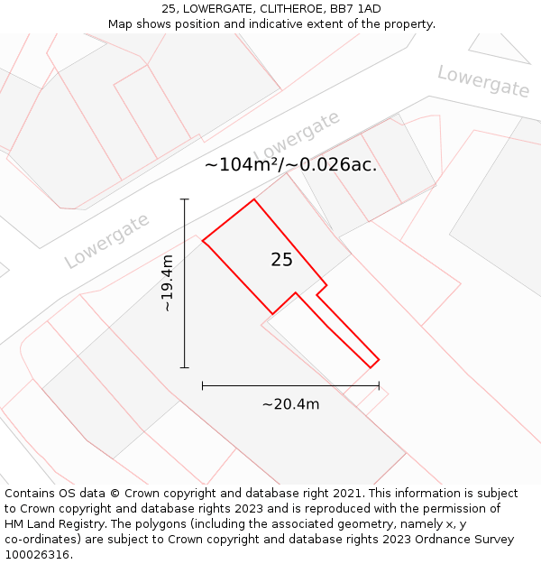 25, LOWERGATE, CLITHEROE, BB7 1AD: Plot and title map