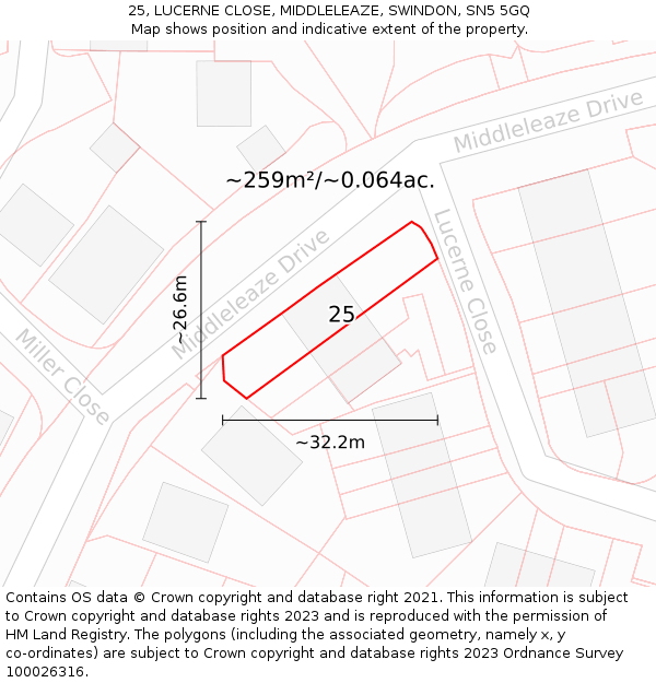 25, LUCERNE CLOSE, MIDDLELEAZE, SWINDON, SN5 5GQ: Plot and title map