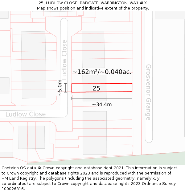 25, LUDLOW CLOSE, PADGATE, WARRINGTON, WA1 4LX: Plot and title map
