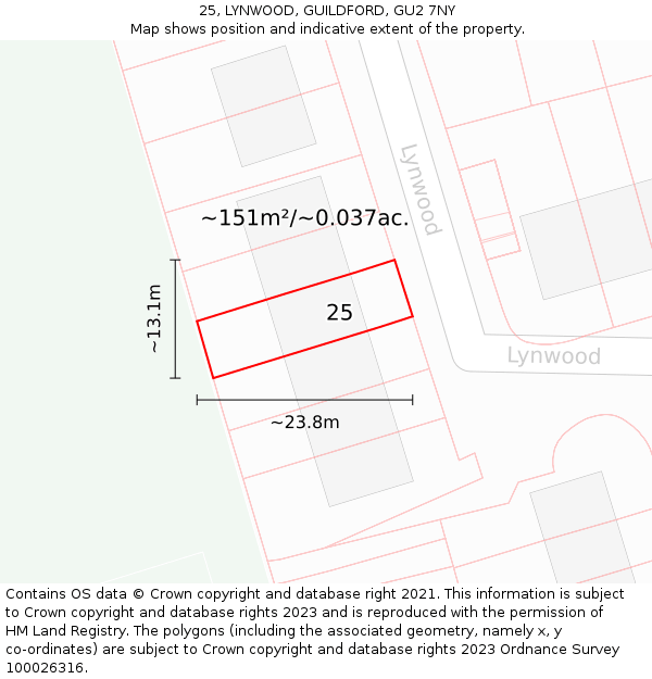 25, LYNWOOD, GUILDFORD, GU2 7NY: Plot and title map
