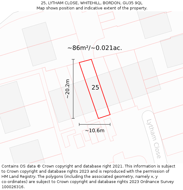 25, LYTHAM CLOSE, WHITEHILL, BORDON, GU35 9QL: Plot and title map