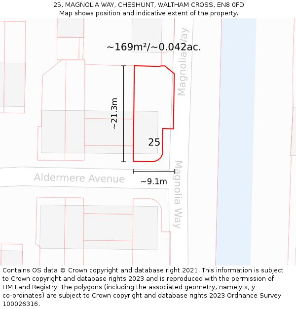 25, MAGNOLIA WAY, CHESHUNT, WALTHAM CROSS, EN8 0FD: Plot and title map