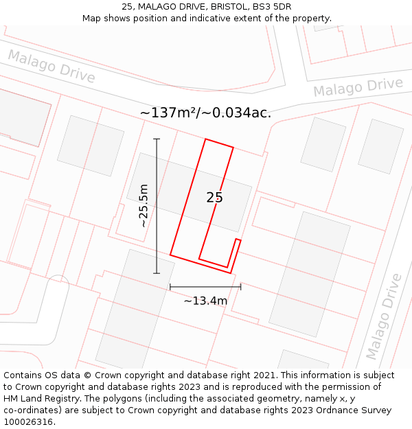 25, MALAGO DRIVE, BRISTOL, BS3 5DR: Plot and title map