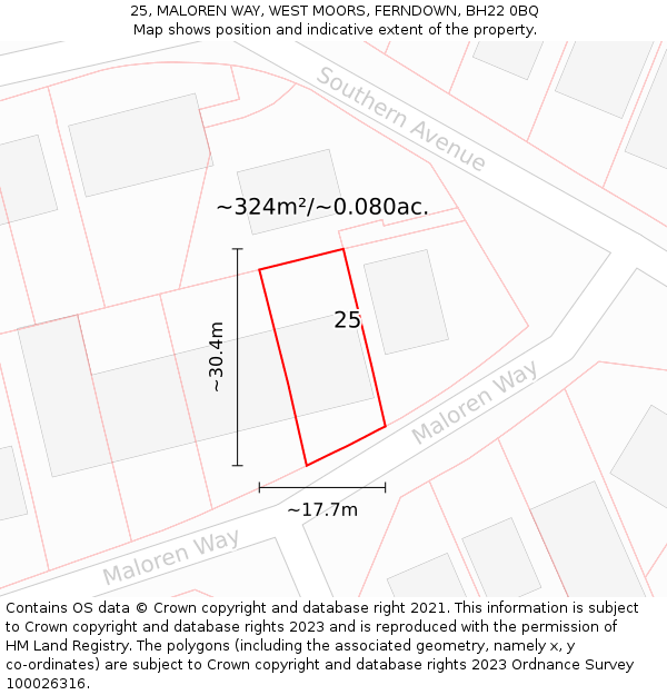 25, MALOREN WAY, WEST MOORS, FERNDOWN, BH22 0BQ: Plot and title map