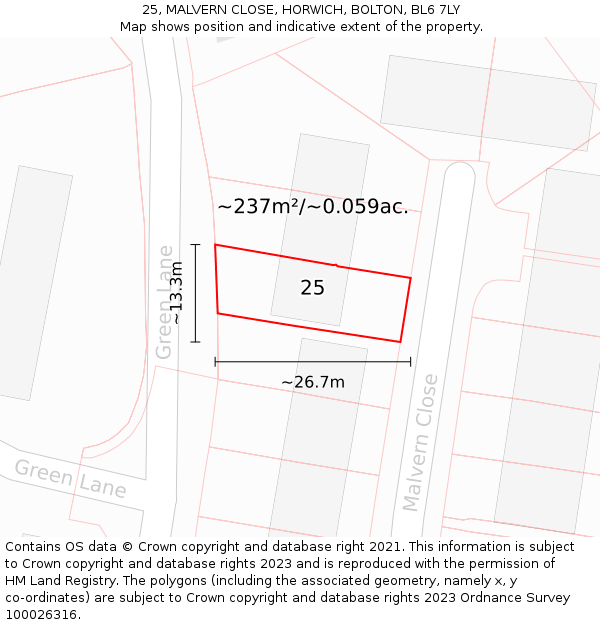25, MALVERN CLOSE, HORWICH, BOLTON, BL6 7LY: Plot and title map