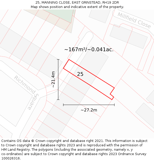 25, MANNING CLOSE, EAST GRINSTEAD, RH19 2DR: Plot and title map