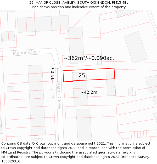 25, MANOR CLOSE, AVELEY, SOUTH OCKENDON, RM15 4EL: Plot and title map