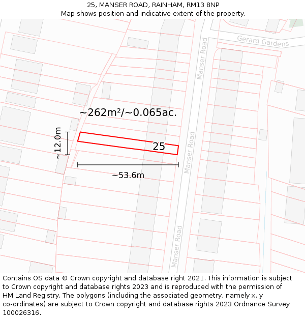 25, MANSER ROAD, RAINHAM, RM13 8NP: Plot and title map