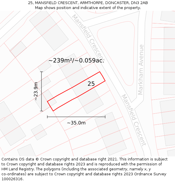 25, MANSFIELD CRESCENT, ARMTHORPE, DONCASTER, DN3 2AB: Plot and title map