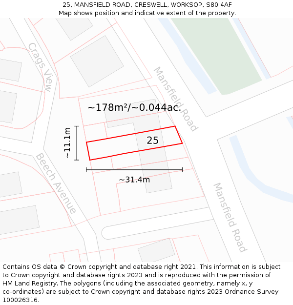 25, MANSFIELD ROAD, CRESWELL, WORKSOP, S80 4AF: Plot and title map