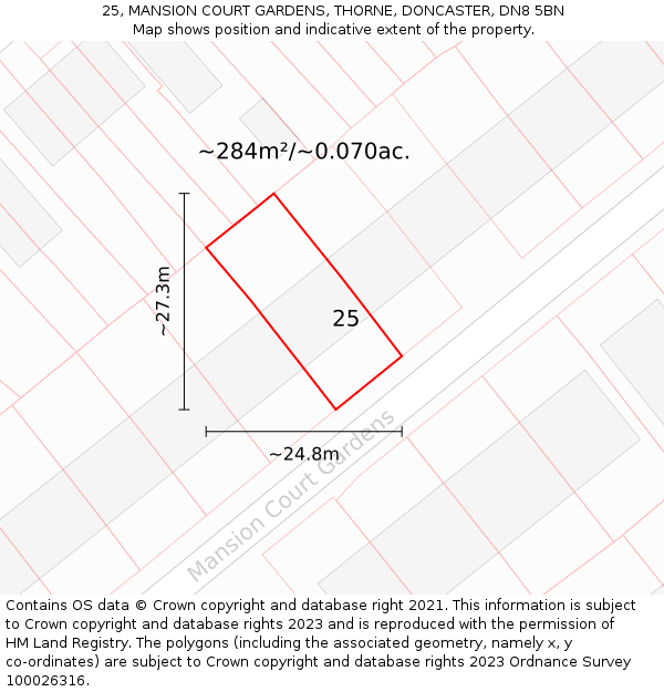 25, MANSION COURT GARDENS, THORNE, DONCASTER, DN8 5BN: Plot and title map