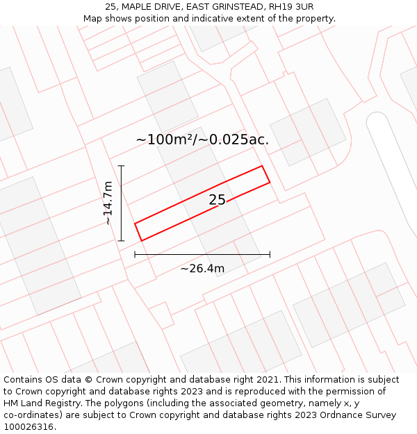 25, MAPLE DRIVE, EAST GRINSTEAD, RH19 3UR: Plot and title map