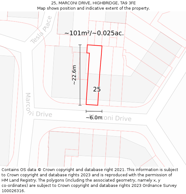 25, MARCONI DRIVE, HIGHBRIDGE, TA9 3FE: Plot and title map