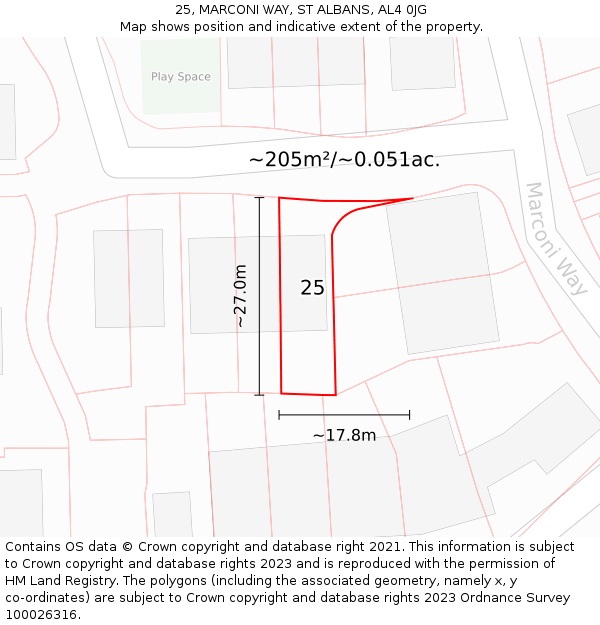 25, MARCONI WAY, ST ALBANS, AL4 0JG: Plot and title map
