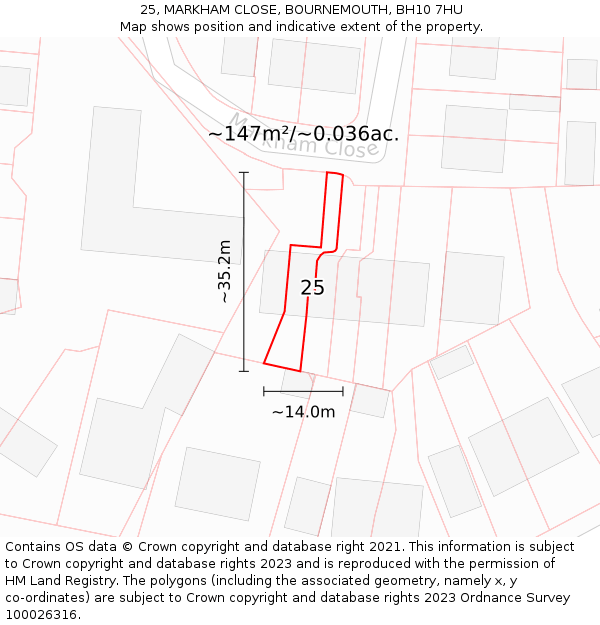 25, MARKHAM CLOSE, BOURNEMOUTH, BH10 7HU: Plot and title map
