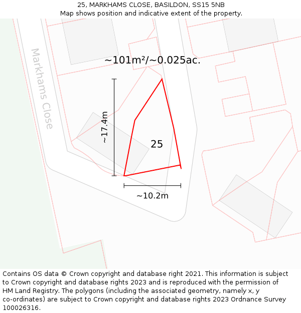 25, MARKHAMS CLOSE, BASILDON, SS15 5NB: Plot and title map
